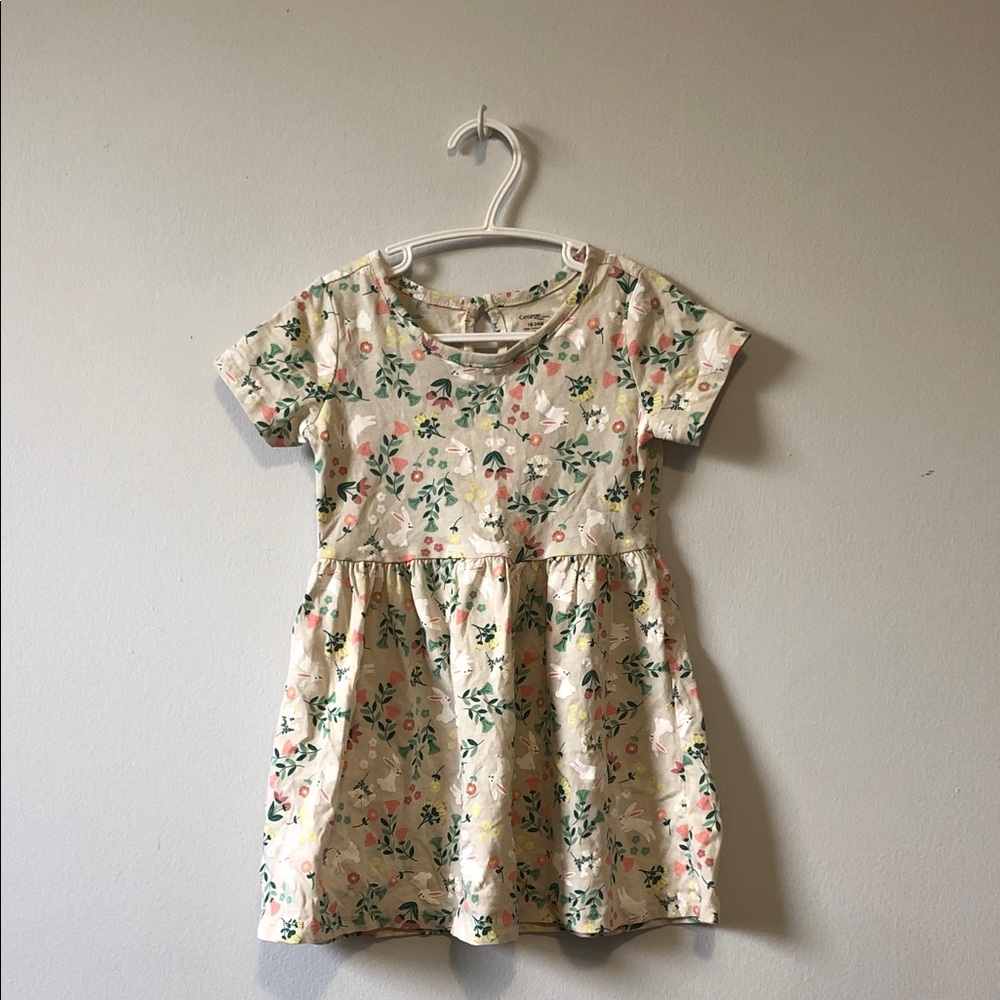 George Cream Floral Short-Sleeve Dress with Green and Pink Accents